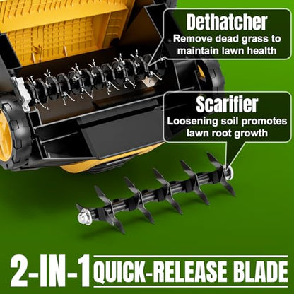 2026 Upgraded Electric Dethatcher Scarifier 16-Inch, EVEAGE 2-in-1 Lawn Dethatcher with 5-Position Depth Adjustment, 14.5-Gallon Collection Bag, Quick-Fold Lawn Scarifier for Healthy Lawn - color: yellow