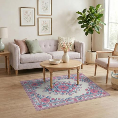 4'x6' Pink Toile Motif Way Flower Chinoiserie Washable Area Rug - color: Pink/Pattern 17, size: 4' x 6' (Rectangular)