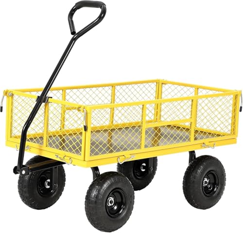 900 Lb Capacity Heavy Duty Steel Garden Cart – 2-in-1 Utility Wagon with Removable Mesh Sides, 10" All-Terrain Tires, Flatbed Conversion, 180° Rotating Handle – Perfect for Lawn, Garden & Backyard - color: Yellow