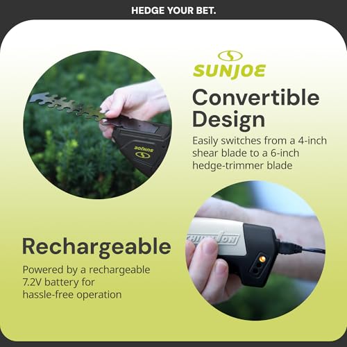 Sun Joe Cordless 2-in-1 Grass Shear Hedge Trimmer, 7.2V, 4in/6in Blade