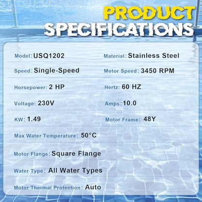 USQ1202 Pool Pump Motor 48Y Frame Fit for A.O. Smith/Century 2HP Motor - size: 2 HP USQ1202 48Y Frame