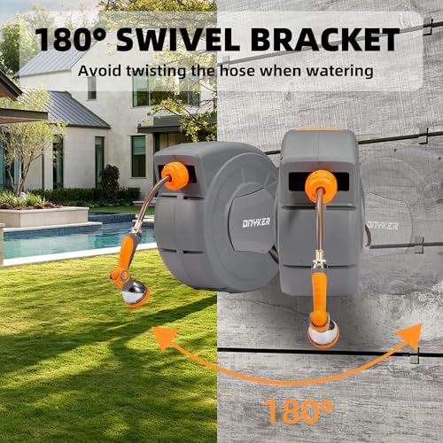 Retractable Garden Hose Reel, 1/2 inch x 65 ft Water Hose Reel Wall Mounted, Any Length Lock, Slow Auto-Rewind, 180°Swivel Bracket & 10 Pattern Nozzle - size: 1/2'' 65FT