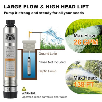 4" Submersible Septic Tank Pump 1/2HP 115V 26GPM 138FT Head - size: 138FT Head