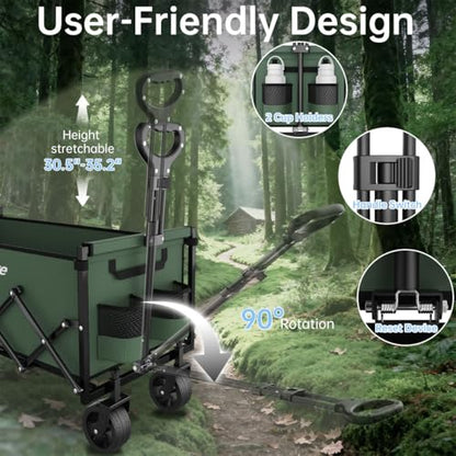 34" Extra Long Collapsible Wagon Cart, 480LBS Capacity, Army Green - color: Army Green
