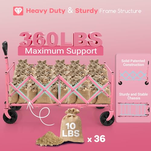 HIKEMOON 34'' Extra Long Folding Portable Wagon Cart, 120L 360LBS Pink - color: Pink