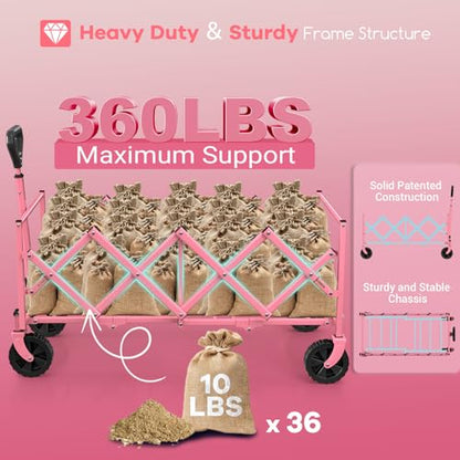 HIKEMOON 34'' Extra Long Folding Portable Wagon Cart, 120L 360LBS Pink - color: Pink