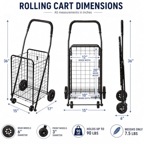 DMI Utility Cart with Wheels to be used for Shopping, Grocery, Laundry and Stair Climber Cart, Weighs 7.5 Pounds but holds up to 90 Pounds, Compact and Foldable, Black