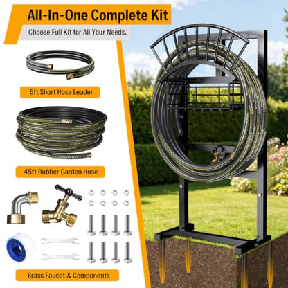 Garden Hose Holder with 45ft Water Hose, Brass Faucet