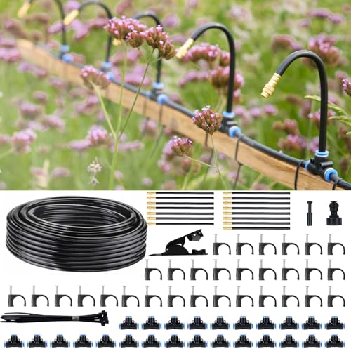 360° Automatic Drip Irrigation Kit - 5/16'' Tubing, Adjustable Universal Spray Nozzle, Copper Atomizing System for Garden/Lawn/Greenhouse - Multi-Directional Rotation, Quick Connectors, 82FT - size: 82FT