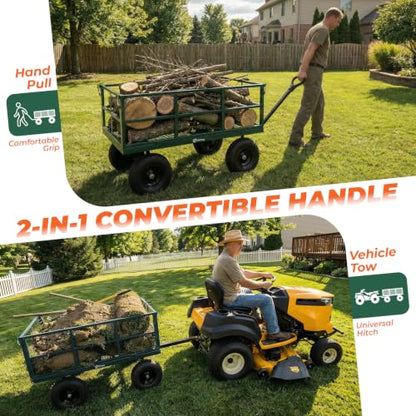 Sekey 1600 lbs Heavy Duty Steel Garden Cart for Farm & Construction, 12 Cu.Ft. Extra-Large Utility Wagon with Removable Sides, 2-in-1 Towable Handle, 13" Rubber Tires, Green - color: Green, size: 1600LBS