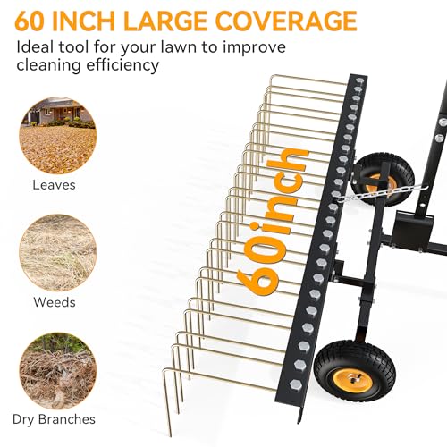YINTATECH 60" Pine Needle Rake Tow Behind, Lawn Tractor Straw Rake Fit for ATV&Tractor, 24 Tines, Black & Gold