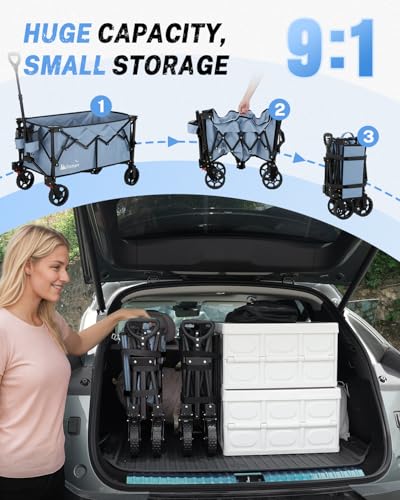 Gonex 38" L Collapsible Wagon Cart Foldable, 220L Folding Utility Cart - color: Blue
