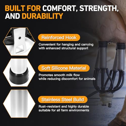 Cow Milking Cluster with 4 Teat Cups, 240CC Milk Claw for Vacuum Pump Milking Machine, Silicone Stainless Steel Milk Cup Set for Cattle, Goats, Sheep, Dairy Farm Milker Equipment