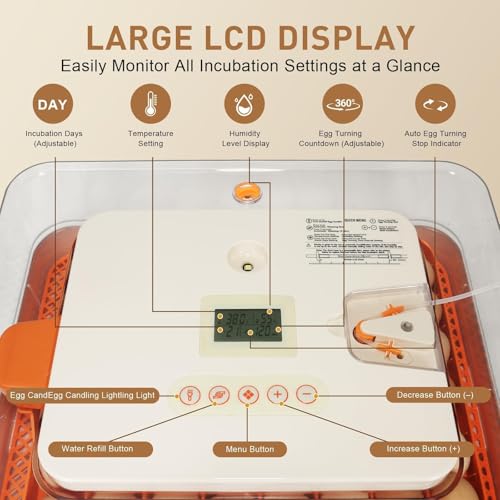 Series IV - 56 Egg Professional Incubator for Breeders, Automatic Sensor-Based Precise Humidity & Temp Control, Adjustable Egg Spacing, Auto Turn & Auto Stop, Preset Incubation Days, Chick Separator - size: 56-Egg Orange