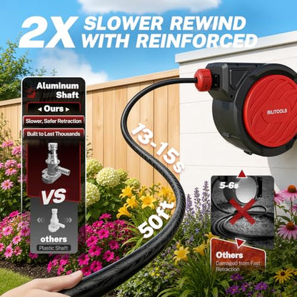 BILITOOLS Retractable Garden Water Hose Reel, 1/2" x 50 ft Wall Mount - size: 1/2" x 50FT