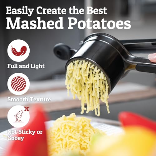 PriorityChef Large 15oz Potato Ricer, Heavy Duty Stainless Steel Potato Masher and Ricer Kitchen Tool, Press and Mash Kitchen Gadget For Perfect Mashed Potatoes - Everytime, All Black - color: Black/Black