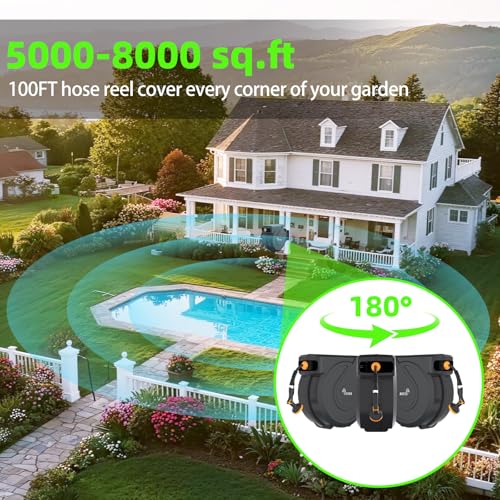 Retractable Garden Hose Reel 1/2 in x100 ft, Wall Mounted Hose Reel - size: 1/2"x100 ft