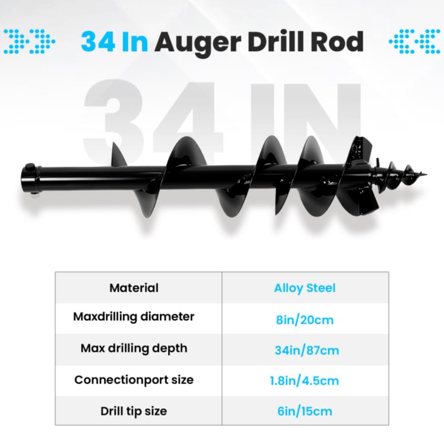 Auger Drill Rod for Mini Excavator, 8 Inch Bit, 45.5 mm Connection, Detachable Design for Effortless Swapping and Post Hole Digging