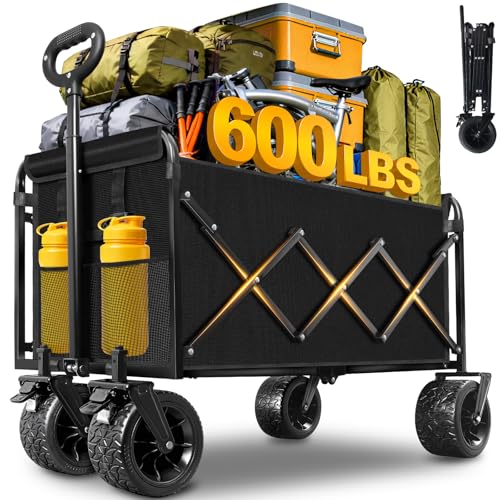 Wagons Carts Foldable Heavy Duty, 600 lb Tank Wheel Wagon with Brakes - color: Light Black