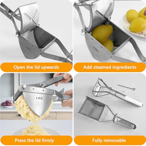 LHS Stainless Steel Potato Ricer and Masher, Heavy Duty Commercial Food Masher, Ergonomic Comfort Grip, Extra Large Capacity, Dishwasher Safe (White) - color: White