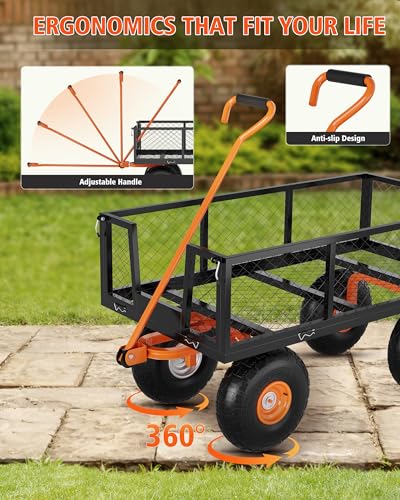 PeakPursuit Steel Garden Cart, 900 LBS Capacity Utility Outdoor Wagon, Heavy Duty Mesh Garden Wagon Cart with Removable Sides and 10" Tires for Yard, Lawn, Garden