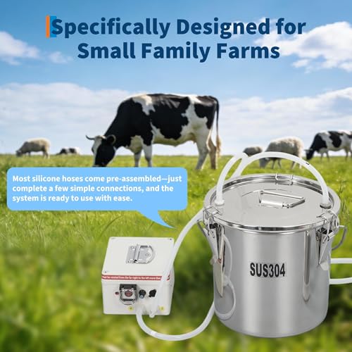 Electric Milking Machine for Cows & Goats – 12L Stainless Steel Bucket, Automatic Pulsation, 4 Teat Cups, Portable Rechargeable Milker, Adjustable Suction, Built-in 12V 8000mAh Battery, US - size: 12L