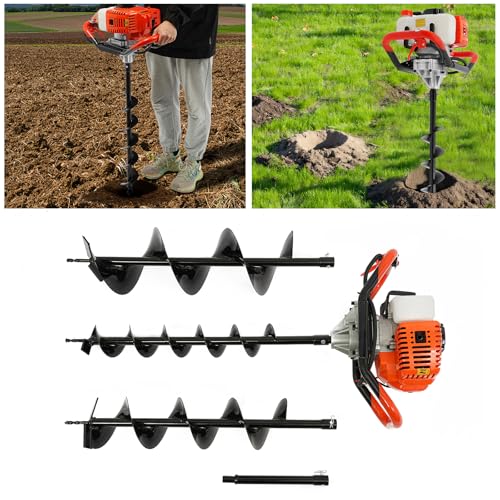 52CC Gas Powered Post Hole Digger, 3 Auger Bits (4", 6", 8") - color: 52CC,1.98HP