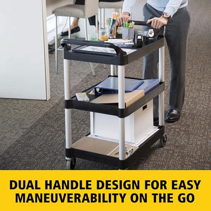 Rubbermaid Commercial Products Heavy Duty 3-Shelf Rolling Service/Utility/Push Cart, 200 lbs. Capacity, Black, for Foodservice/Restaurant/Cleaning/Warehouse/Garage - color: Black