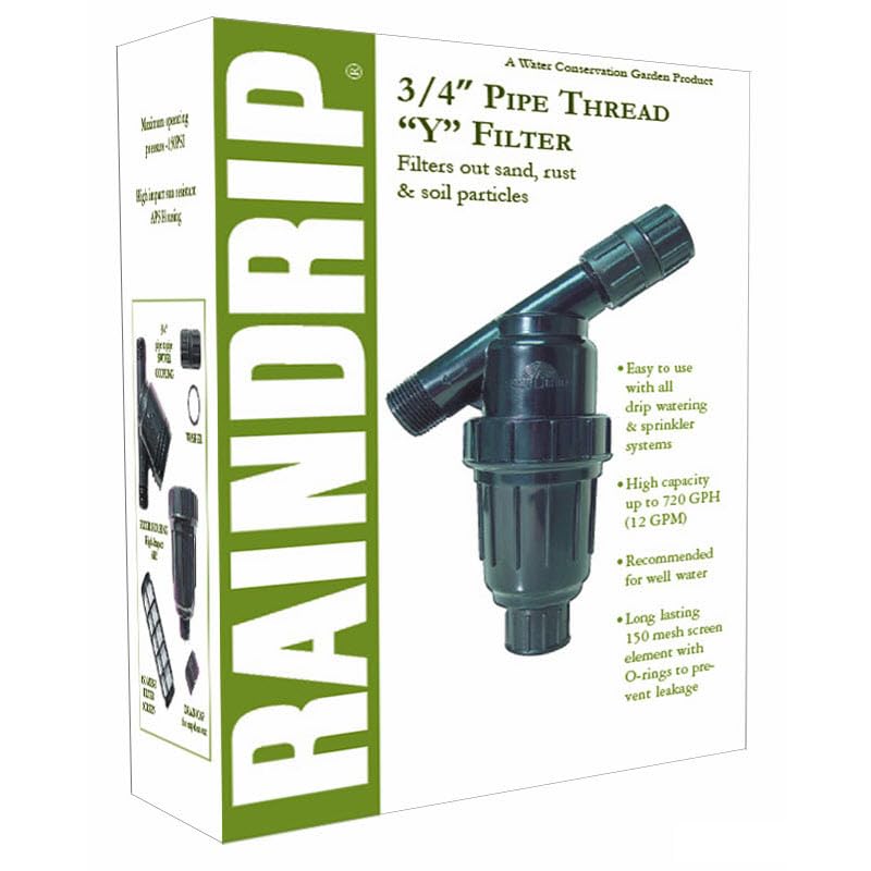 Raindrip R605DT "Y" Filter, 3/4-Inch MPT X 3/4-Inch MPT, for Drip Irrigation Systems, Connect to Pipe such as Sprinkler Riser, Removable Filter, Black