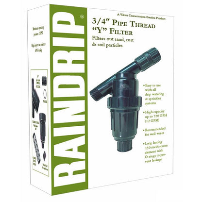 Raindrip R605DT "Y" Filter, 3/4-Inch MPT X 3/4-Inch MPT, for Drip Irrigation Systems, Connect to Pipe such as Sprinkler Riser, Removable Filter, Black