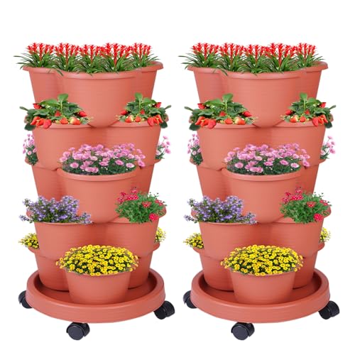 5-Tier Vertical Garden Tower Stackable Planter for Strawberries, Flowers, Vegetables & Herbs 2-Pack - color: Brown, size: 2 Pack