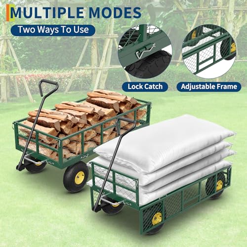 Garvee 900 lbs Steel Garden Dump Cart with Removable Sides, Convert to Flatbed, Heavy Duty Yard Cart with 180°Rotating Handle & 10" All Terrain Wheels, Utility Dump Wagon for Lawn Farm Backyard - color: Green