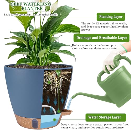 2 Pack 8 inch Plant Pots, Plastic Self Watering Planters - color: Navy Blue, size: 8 Inch
