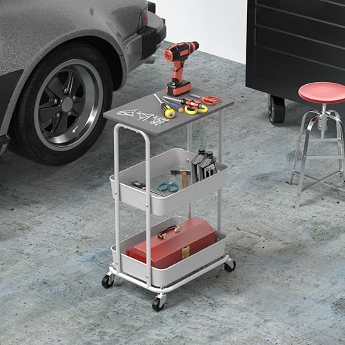 Simple Houseware 2-Tier Rolling Utility Cart Wood Top/Lockable Wheel, Gray - color: Grey