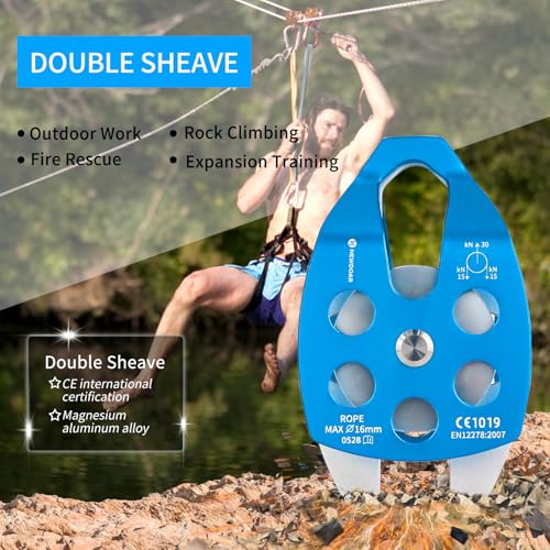 NewDoar CE Certified 30KN Large Rescue Single/Double Pulley with Swing Plate | Aluminum alloy 30kN/6746lb breaking strength,Fits rope up to 16mm ,Portable Ideal for rescue hauling & tree climbing - color: Blue-Double Pulley-1pc