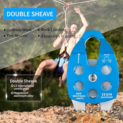NewDoar CE Certified 30KN Large Rescue Single/Double Pulley with Swing Plate | Aluminum alloy 30kN/6746lb breaking strength,Fits rope up to 16mm ,Portable Ideal for rescue hauling & tree climbing - color: Blue-Double Pulley-2pc