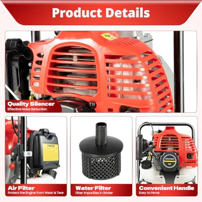 Gas Gasoline Water Pump, 43CC 2HP 7000rmp 2-Stroke Industrial Water Pump Air-Cooled Gasoline High Pressure Pump for Irrigation Pool, Landscaping or Gardening Irrigation