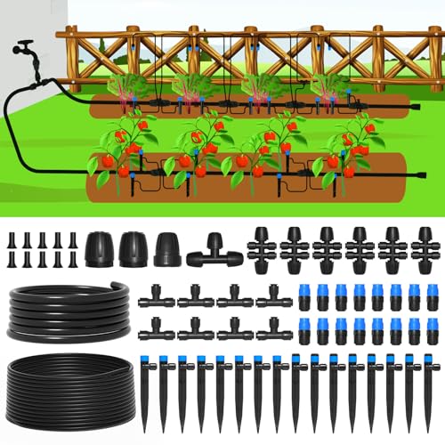 MIXC 230FT Quick-Connect Drip Irrigation System Kit, Automatic Garden Watering System with 1/4" & 1/2" Fast-Lock Tubing - Adjustable Nozzles & Sprinklers for Garden, Greenhouse, Lawn, Potted Plants - size: 33FT Main tube+197FT 1/4'' tube