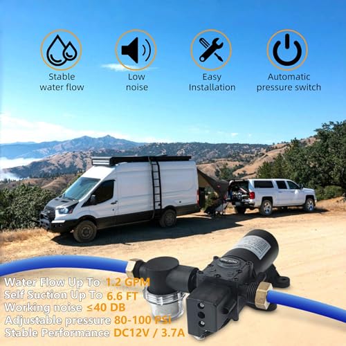 DC 12V Diaphragm Pump, Self-Priming Pump with Filter Quick Connection Terminal, 1.2 GPM 100 PSI Pressure Switch Adjustable Spray Pump, Suitable for RV Camping Shower Garden