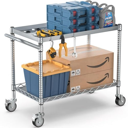 Utility Tool Cart with Wheel, 45In Large Rolling Utility Carts with Handle - color: 2-silver, size: 2 Tier