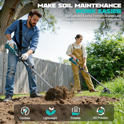 Cordless 2-in-1 Tiller Cultivator & Weed Wacker Compatible with Makita 18V Battery (Tool Only), Ecarke Brushless Electric Garden Tiller Weed Eater, 9" Tilling Width 9.4" Depth for Soil Cultivation