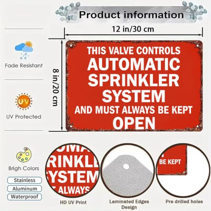 Aluminum Metal Sign This Valve Controls Automatic Sprinkler System 8x12in