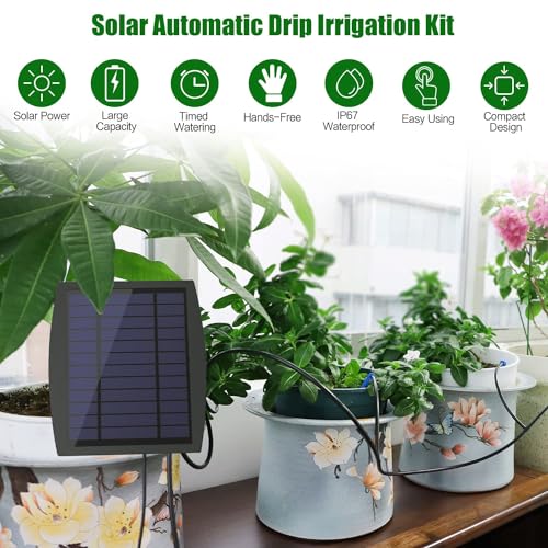 Solar Automatic Drip Irrigation Kit System, Solar Powered Auto Easy DIY Watering Device Supported Pots Plants, 12 Timing Modes with Anti-Siphoning Device (Supported 20-30 Pots, 12Timing Modes)
