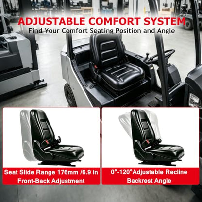 Universal Forklift Seat, Tractor Seat with Adjustable Angle Back, Micro Switch and Slide, for Tractor, Excavator, Skid Loader, Backhoe, Dozer, Telehandler