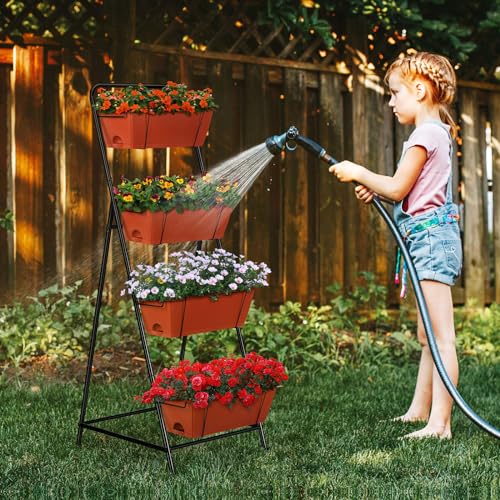 4 Tier Vertical Raised Garden Bed Planters for Outdoor Plants Herb Garden Planter with Drainage Holes Standing Garden Planters for Herbs Flowers Vegetables Plants (Brick Red) - color: Brick Red