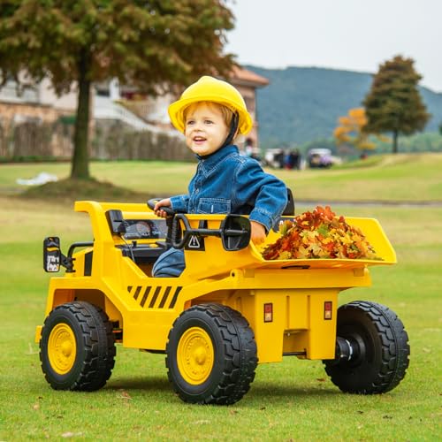 Costzon Ride on Dump Truck, 12V Licensed Caterpillar Kids Electric Vehicle W/Remote Control, Megaphone, Shock Absorbers, Dump Bed, MP3, Ride on Construction Vehicle for Kids, Gift for Boys Girls 3-6