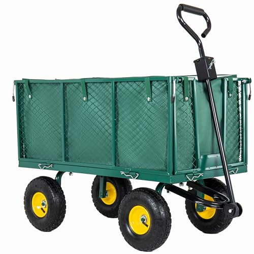 3-in-1 Oversized Steel Garden Cart 880lbs Pullable Mesh Metal Utility Cart All-Terrain Wagon with Removable Liner Side Panels Mesh Tray for Lawn Patio Landscaping (Green + Steel) - color: Green + Steel