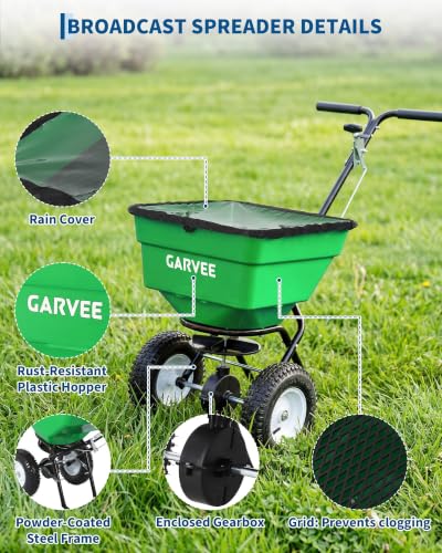 Heavy Duty Push Broadcast Spreader 100L – 12FT Spread Width, 13" Pneumatic Wheels, Adjustable Current Control, Ideal for Lawn Fertilizer, Seed, Salt & Ice Melt – Green - size: 100 LBS