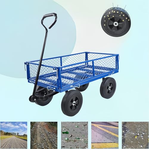 TC1840 Blue Solid Wheels Garden Dump Cart - Utility Wagon with Removable Sides - Steel Frame & Wheels - Adults - Outdoor Use - color: Blue Solid Wheels