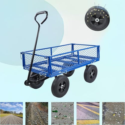 TC1840 Blue Solid Wheels Garden Dump Cart - Utility Wagon with Removable Sides - Steel Frame & Wheels - Adults - Outdoor Use - color: Blue Solid Wheels